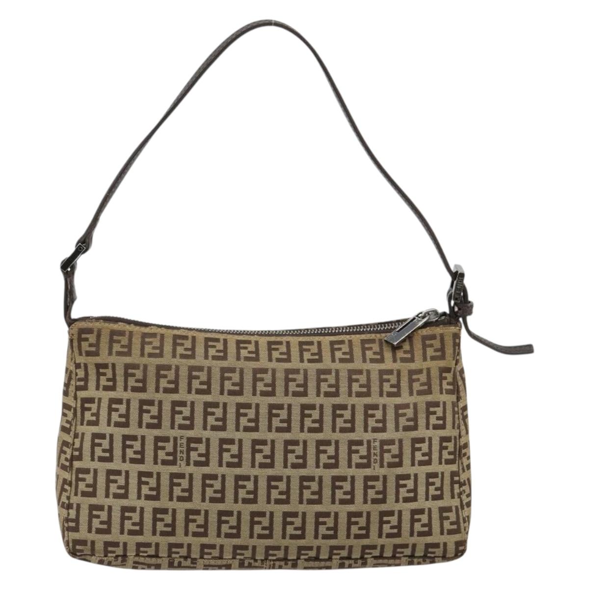 FENDI Zucchino Canvas Shoulder Bag Beige Silver Auth 182099