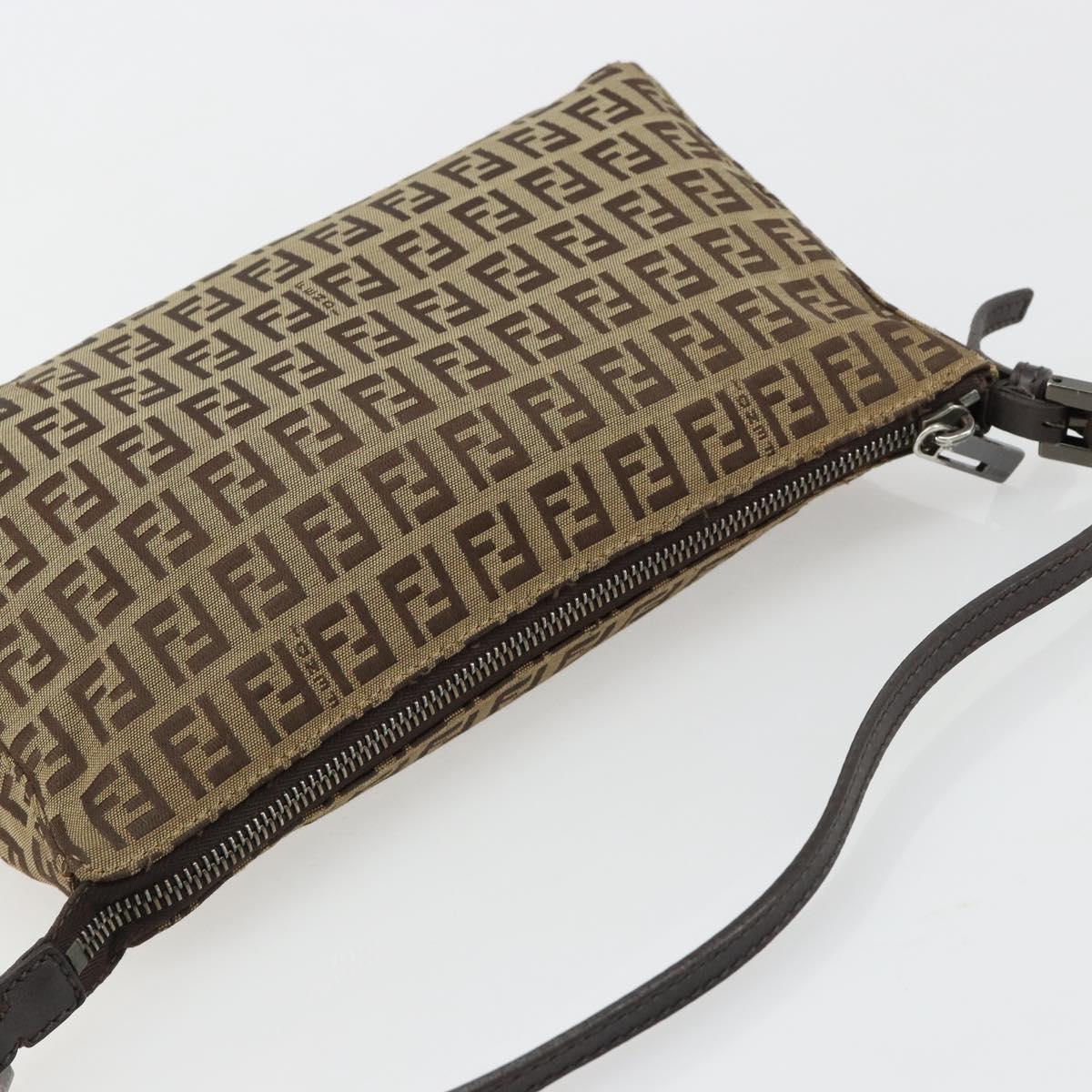 FENDI Zucchino Canvas Shoulder Bag Beige Silver Auth 182099