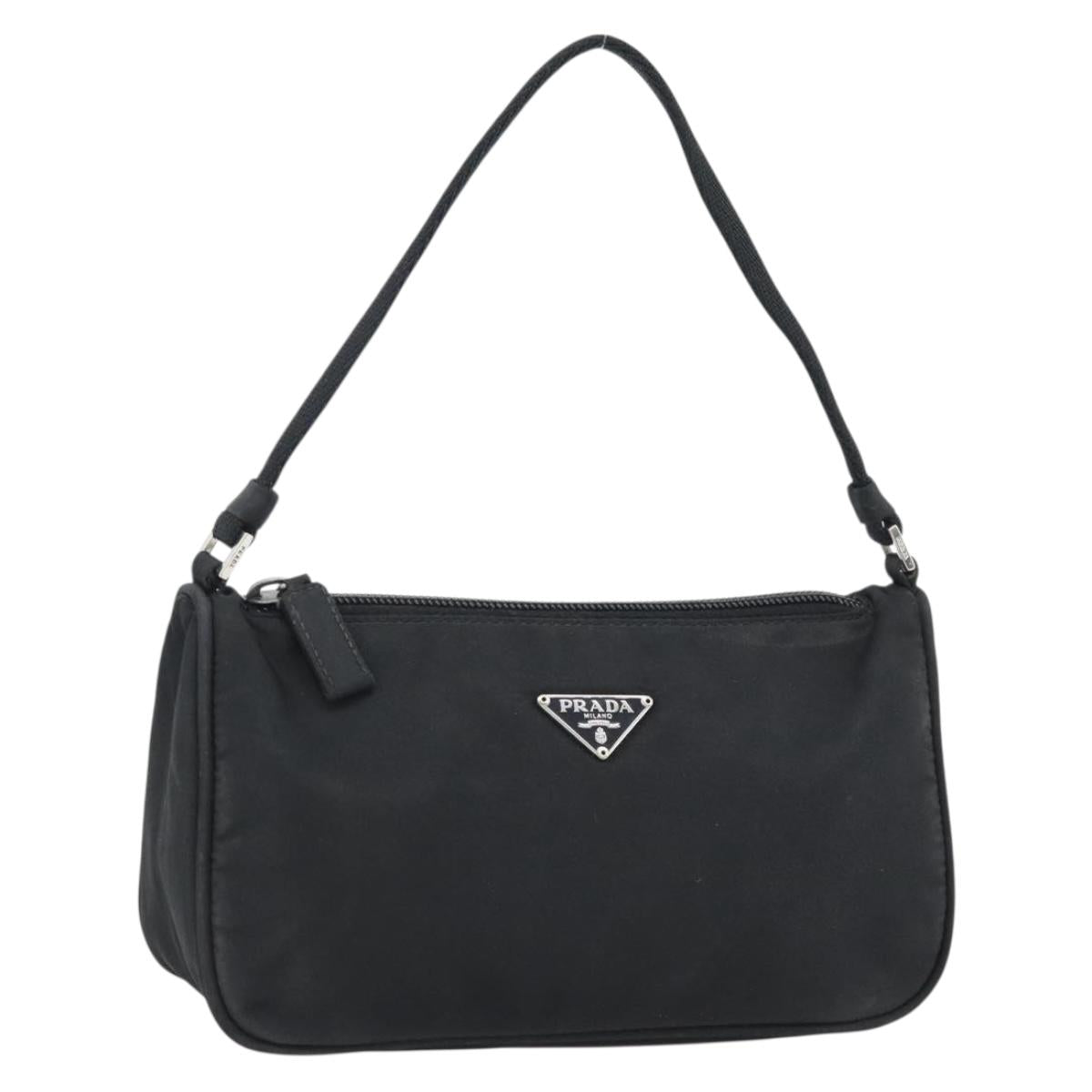 PRADA Hand Pouch Bag Nylon Black Silver Auth 182100