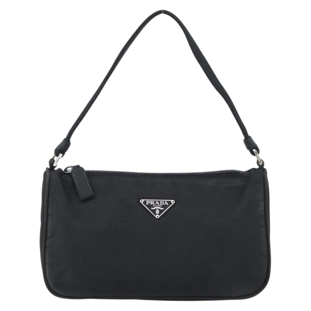 PRADA Hand Pouch Bag Nylon Black Silver Auth 182100