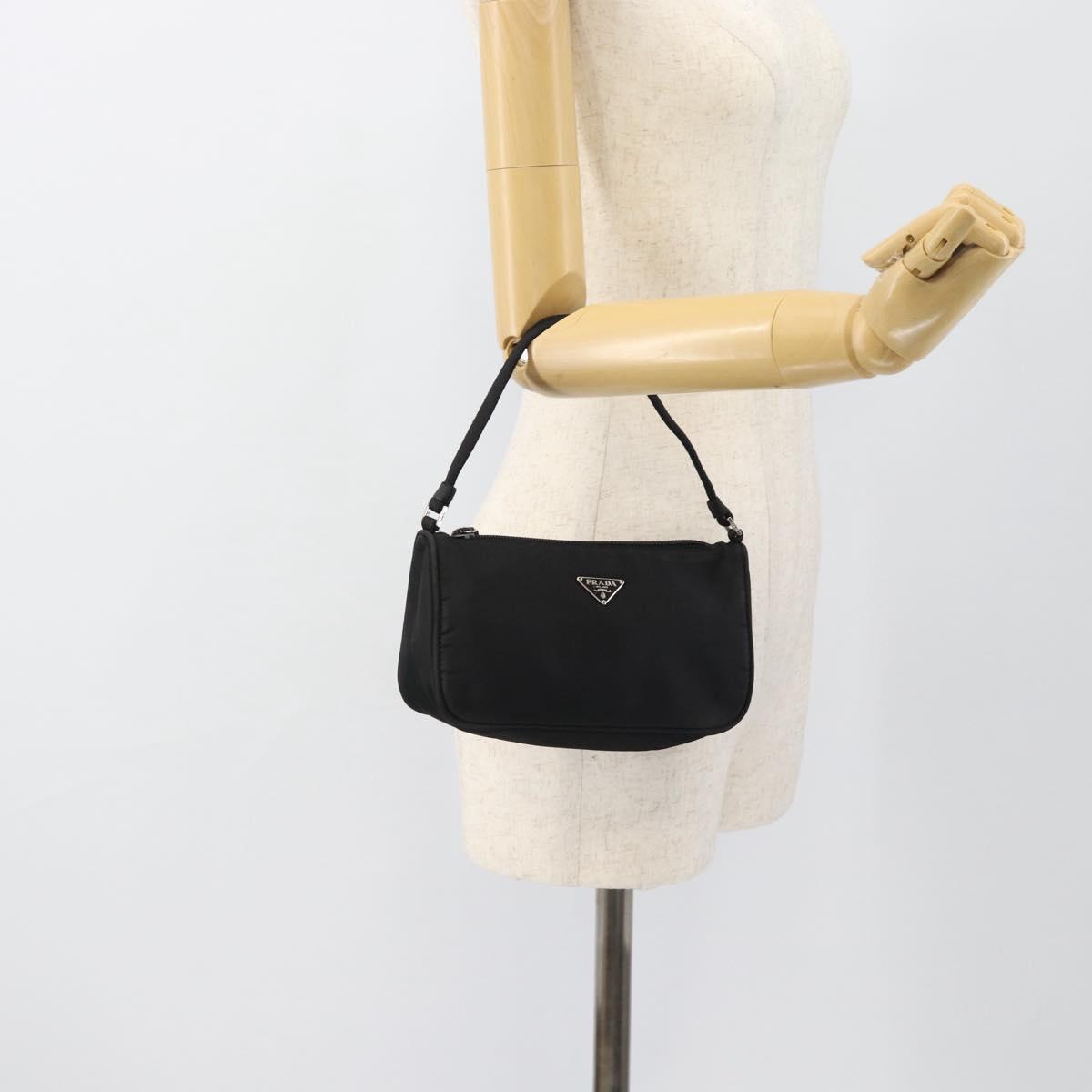 PRADA Hand Pouch Bag Nylon Black Silver Auth 182100