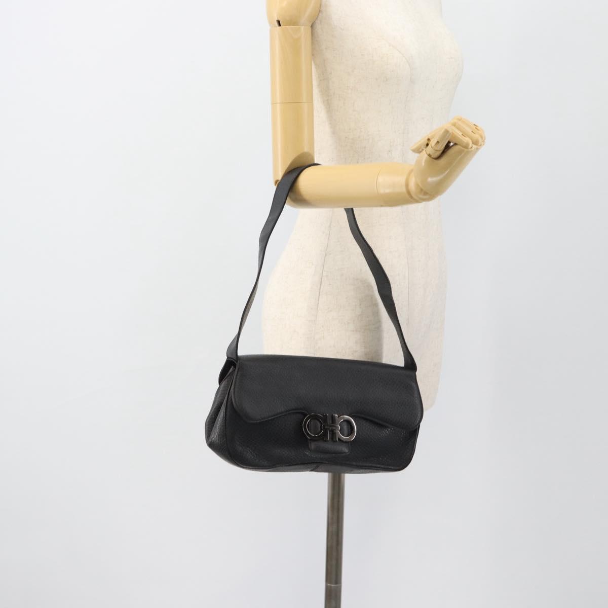 Salvatore Ferragamo Gancini Shoulder Bag Leather Black Silver Auth 182102A