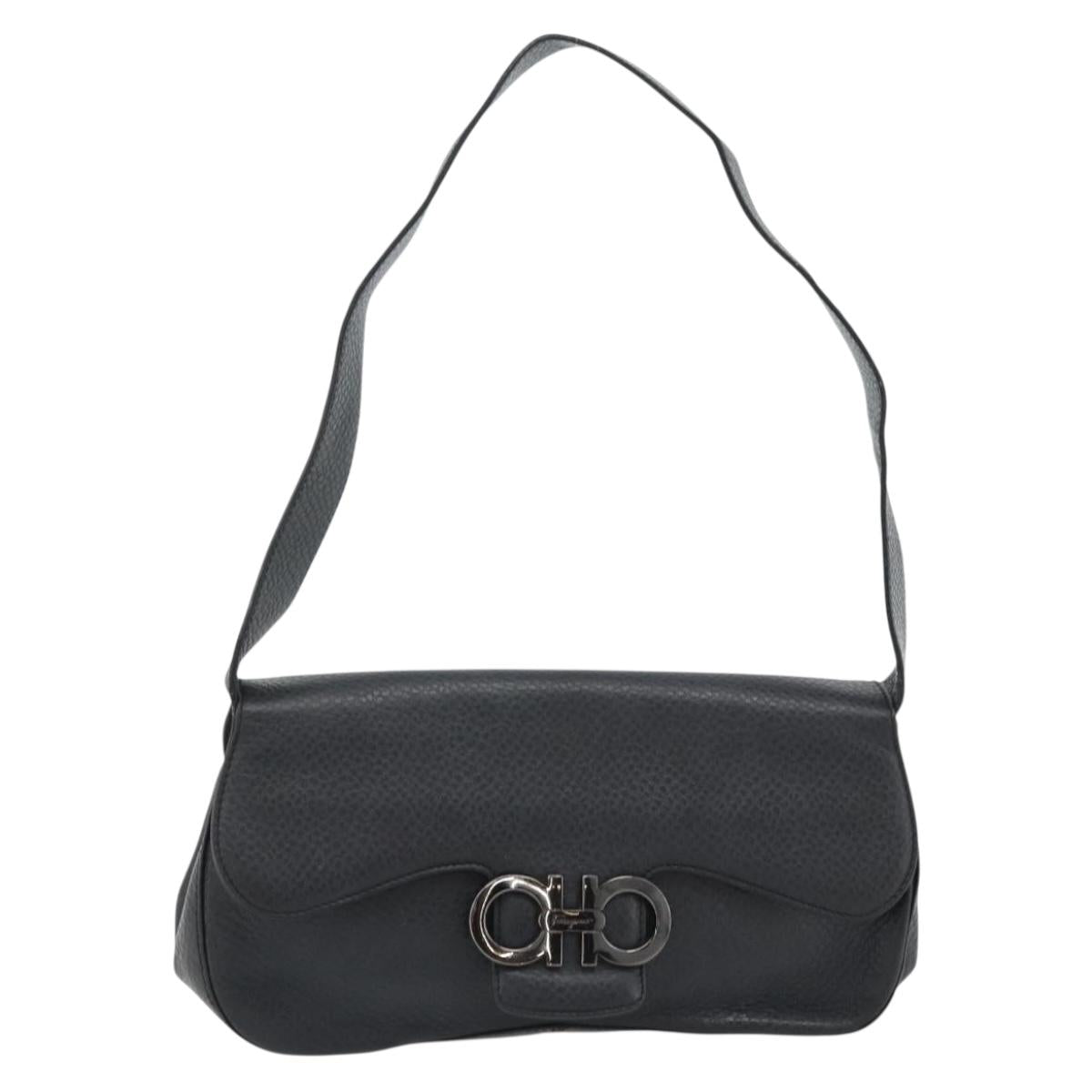 Salvatore Ferragamo Gancini Shoulder Bag Leather Black Silver Auth 182102A
