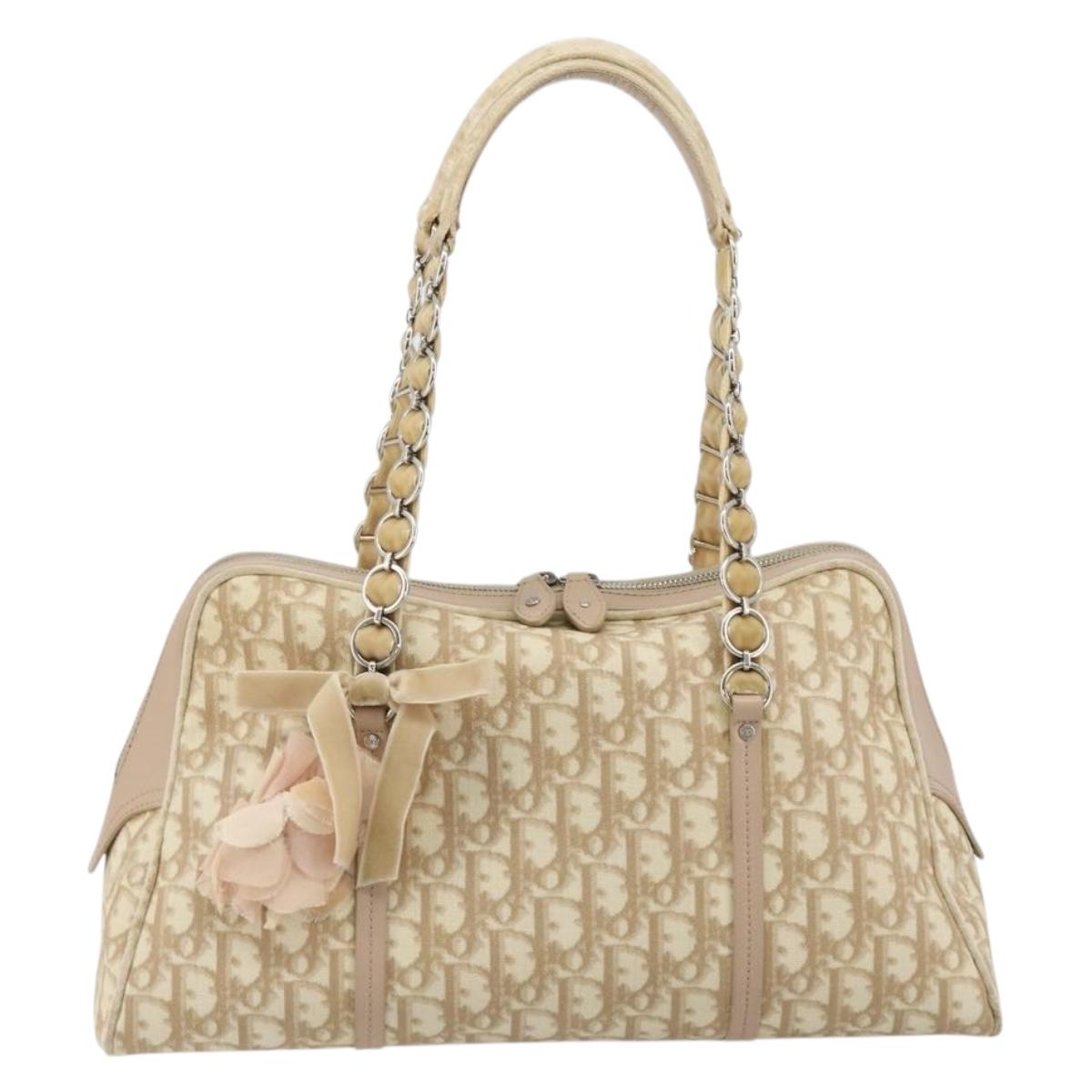 Christian Dior Trotter Canvas Romantic Hand Bag PVC Beige Silver Auth 182103