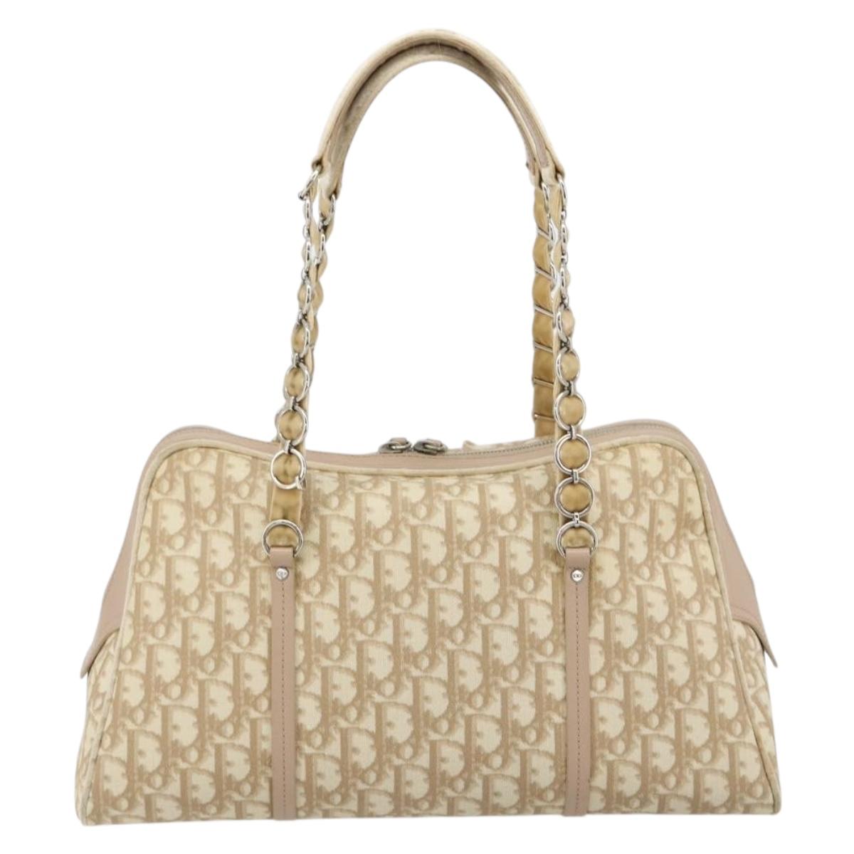 Christian Dior Trotter Canvas Romantic Hand Bag PVC Beige Silver Auth 182103