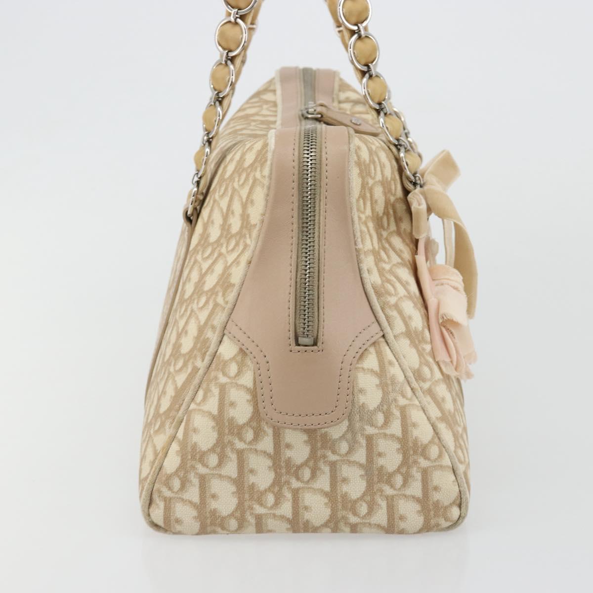Christian Dior Trotter Canvas Romantic Hand Bag PVC Beige Silver Auth 182103
