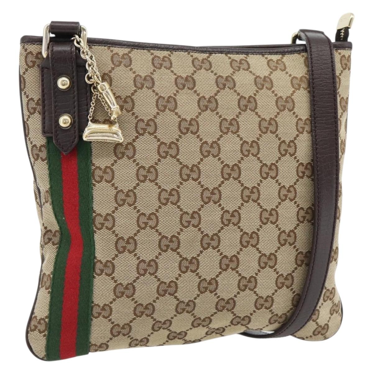 GUCCI GG Canvas Web Sherry Line Shoulder Bag Beige Gold Red 144388 Auth 182113A