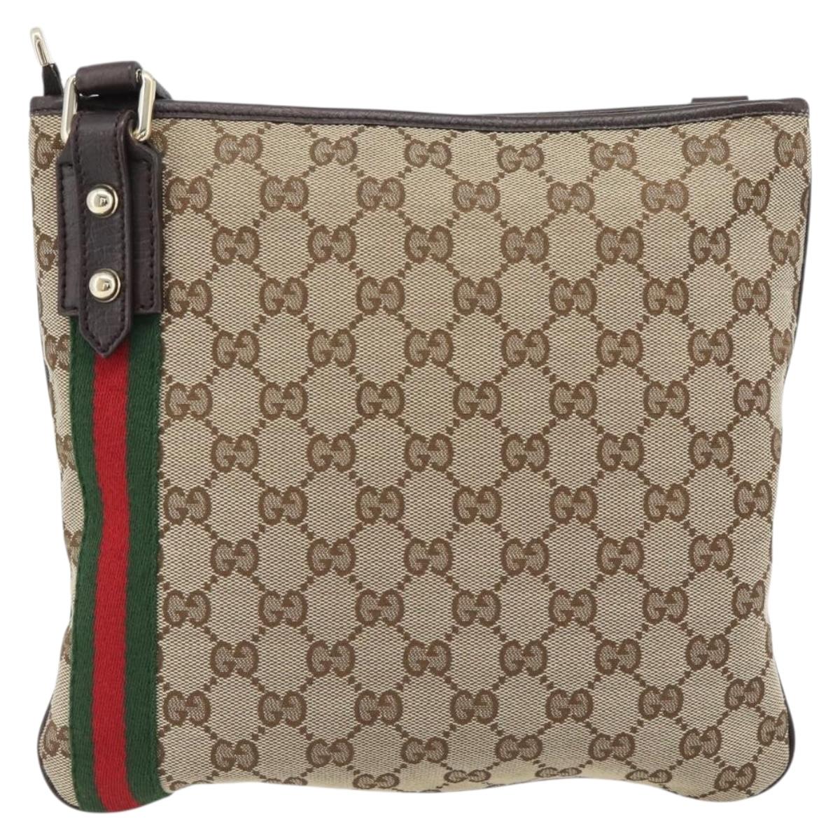 GUCCI GG Canvas Web Sherry Line Shoulder Bag Beige Gold Red 144388 Auth 182113A