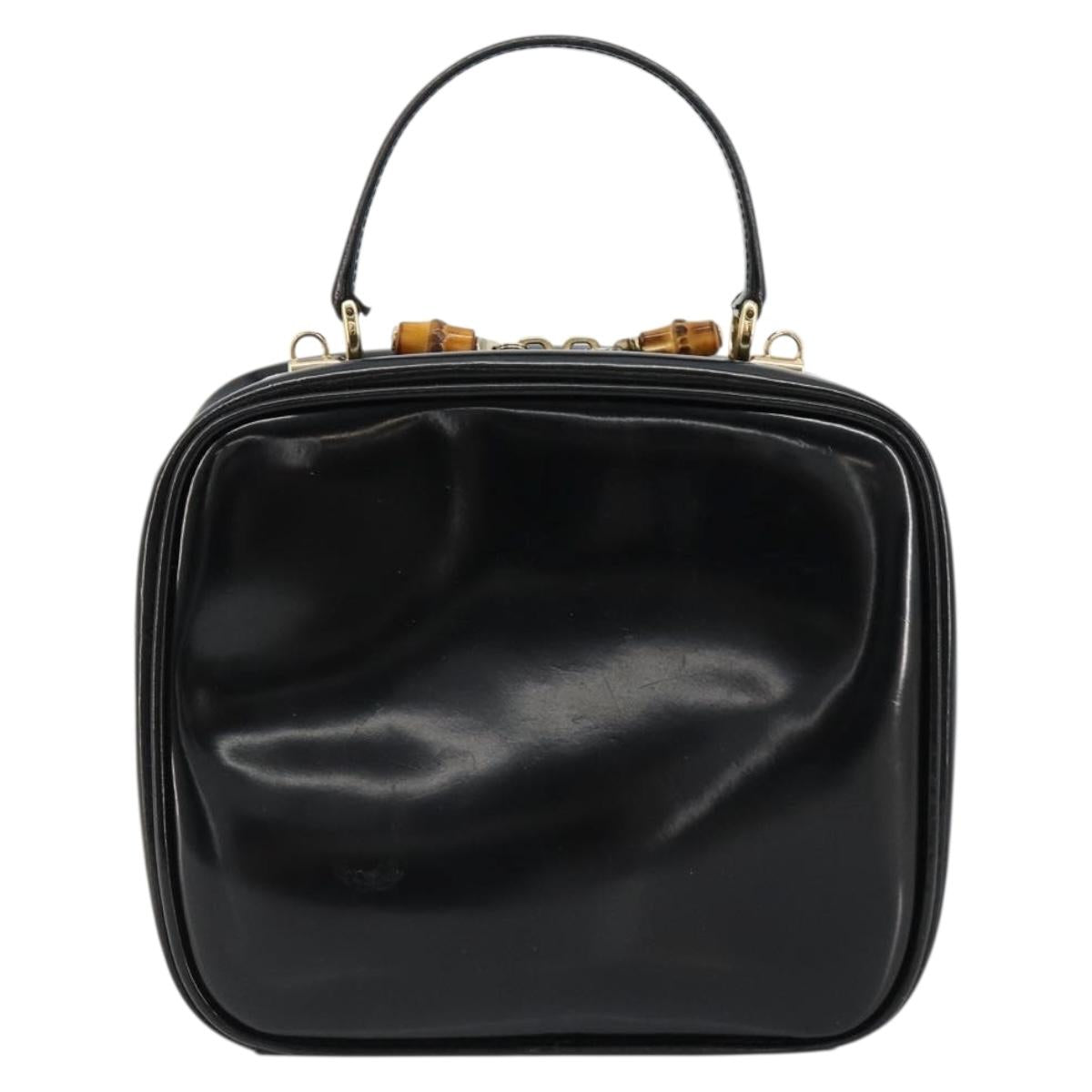 GUCCI Bamboo Vanity Hand Bag Patent leather Black Gold Auth 182122