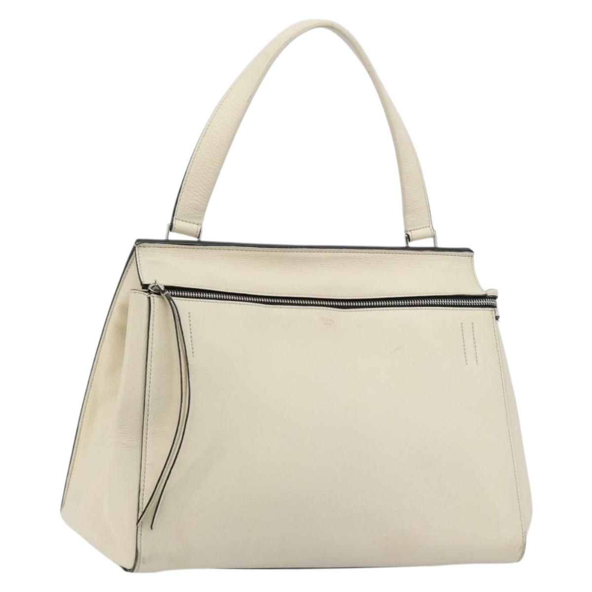 CELINE Hand Bag Leather White Silver Auth 182125A