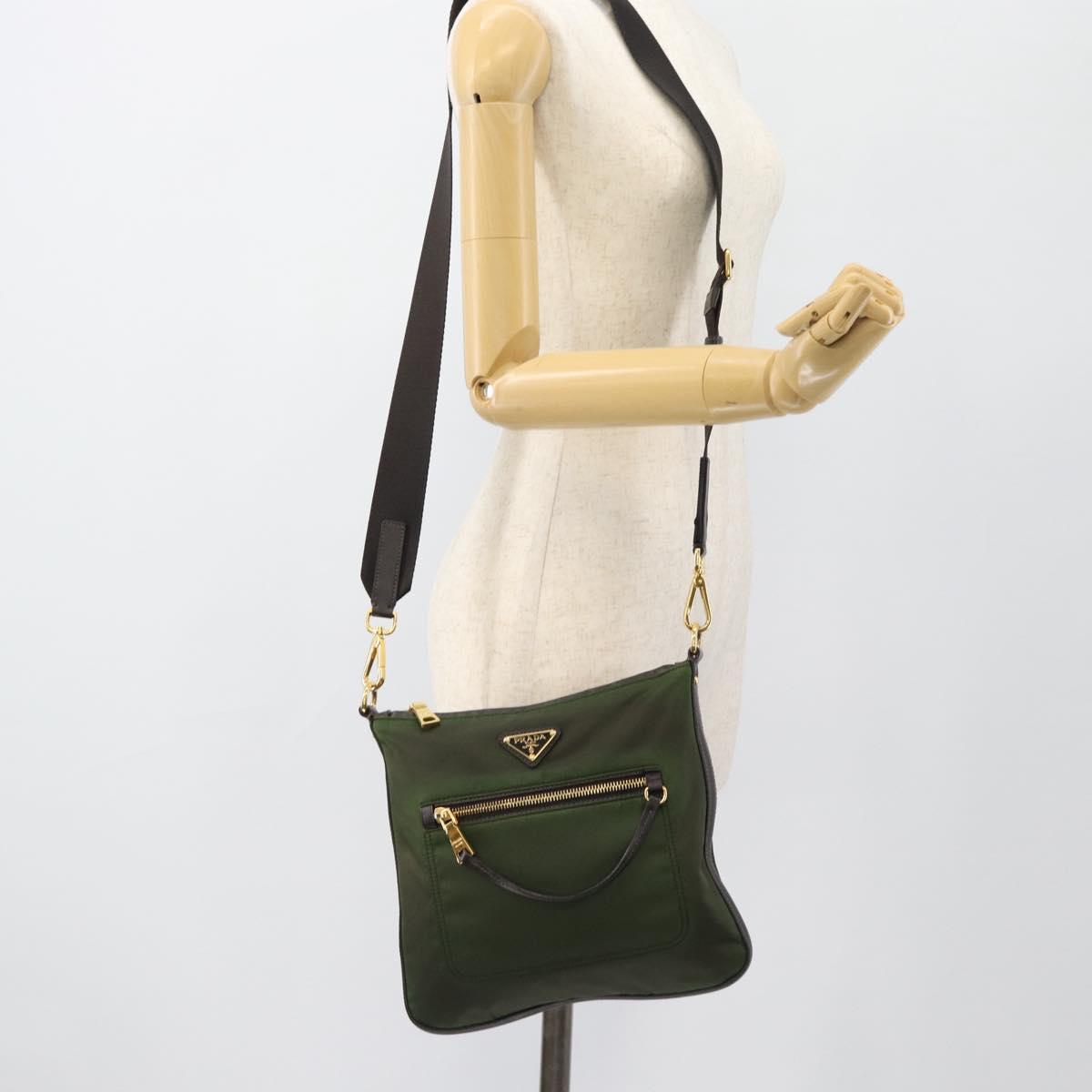 PRADA Shoulder Bag Nylon Green Gold Auth 182130