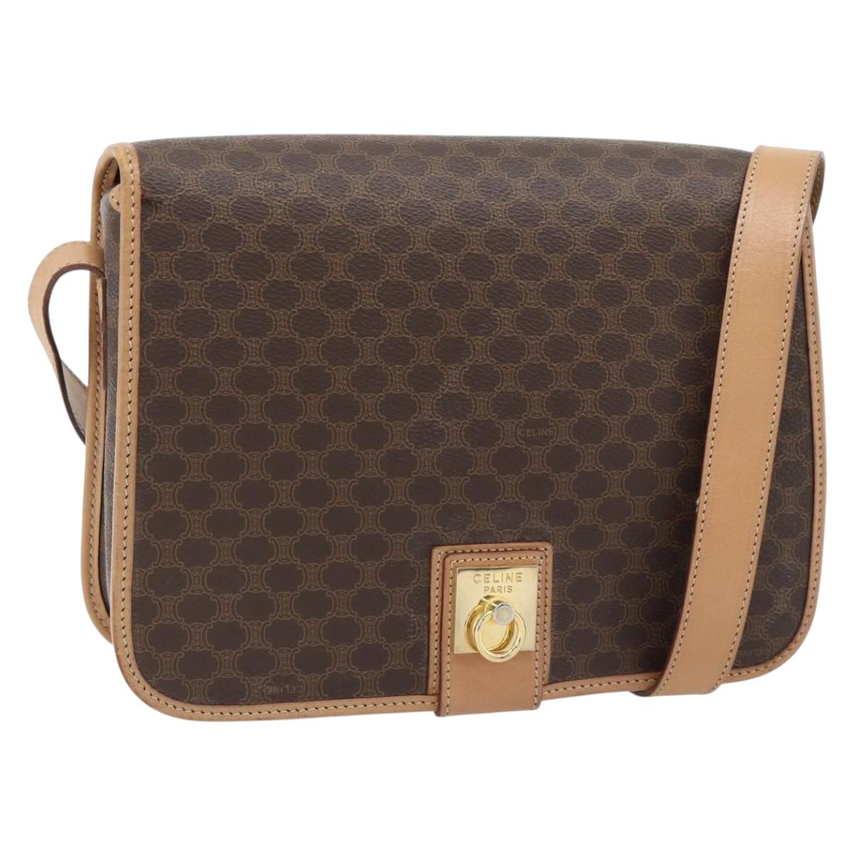 CELINE Macadam Canvas Shoulder Bag PVC Leather Brown Gold Auth 182134A