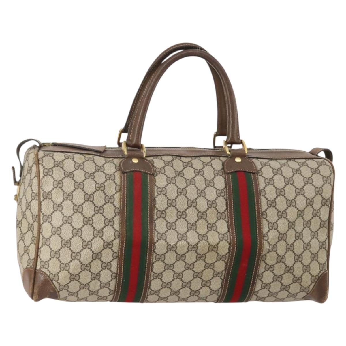 GUCCI GG Supreme Web Sherry Line Boston Bag PVC Beige Gold Auth 182135