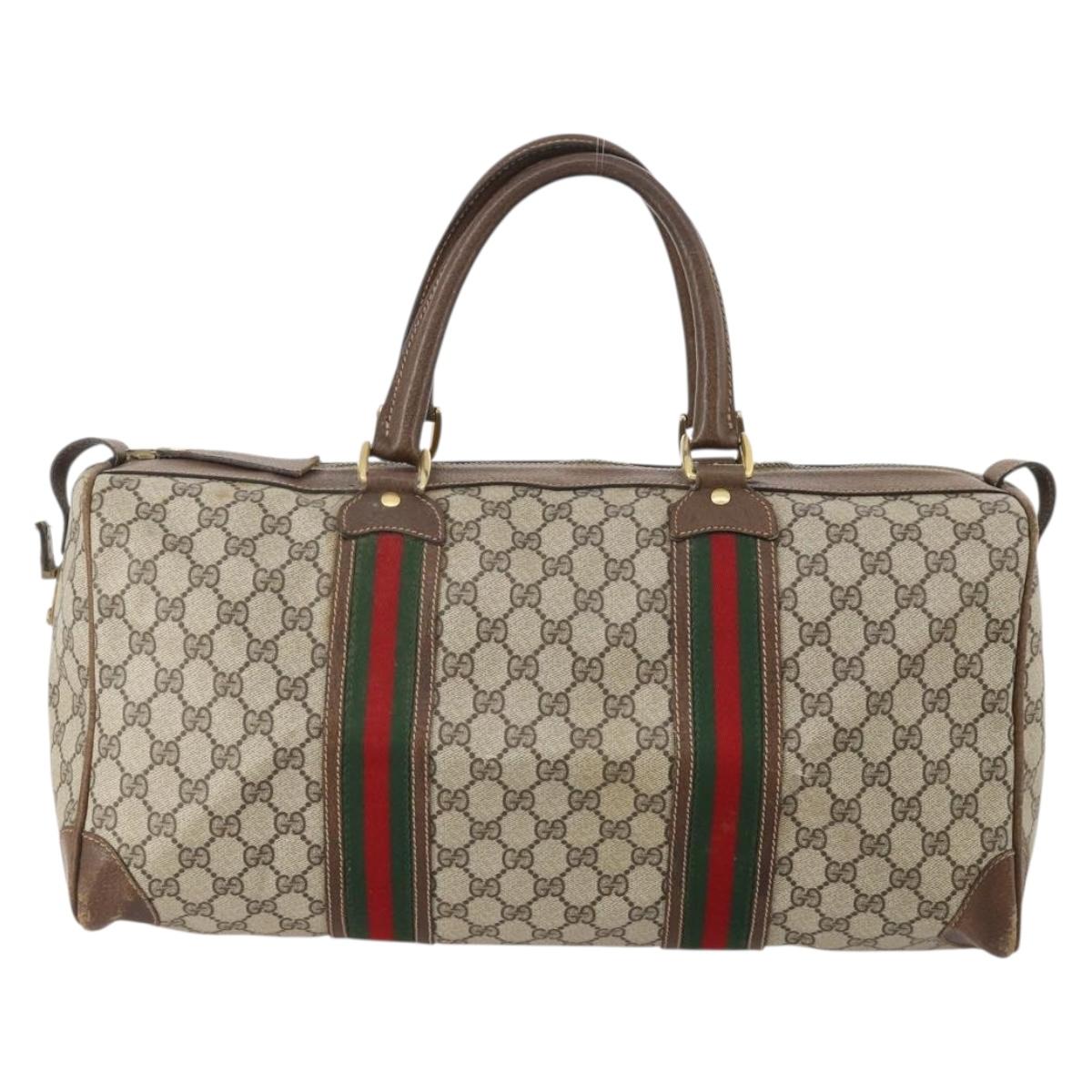 GUCCI GG Supreme Web Sherry Line Boston Bag PVC Beige Gold Auth 182135