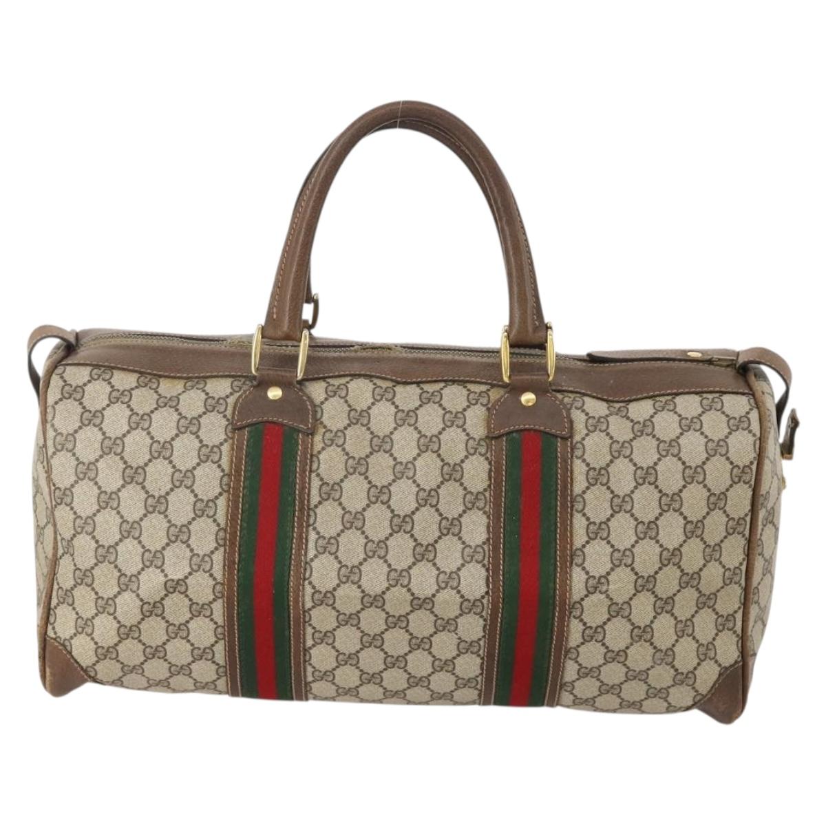 GUCCI GG Supreme Web Sherry Line Boston Bag PVC Beige Gold Auth 182135