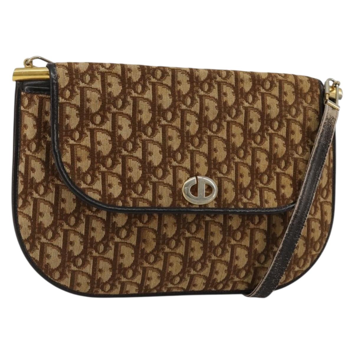 Christian Dior Trotter Canvas Shoulder Bag Brown Gold Auth 182147