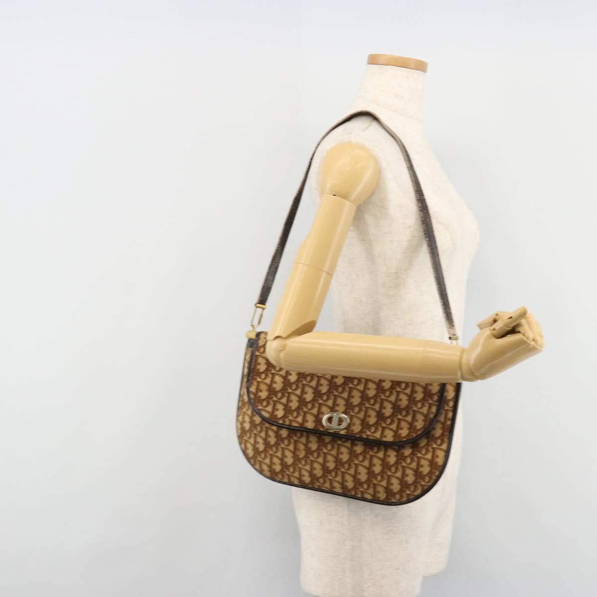 Christian Dior Trotter Canvas Shoulder Bag Brown Gold Auth 182147