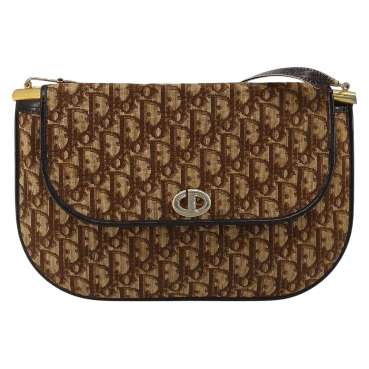 Christian Dior Trotter Canvas Shoulder Bag Brown Gold Auth 182147