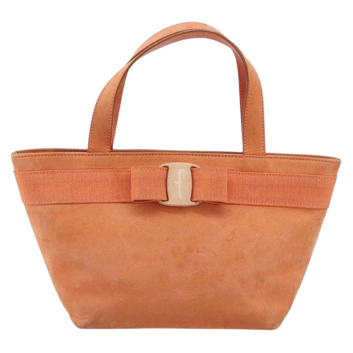 Salvatore Ferragamo Vara Ribbon Hand Bag Suede Orange Silver Auth 182149
