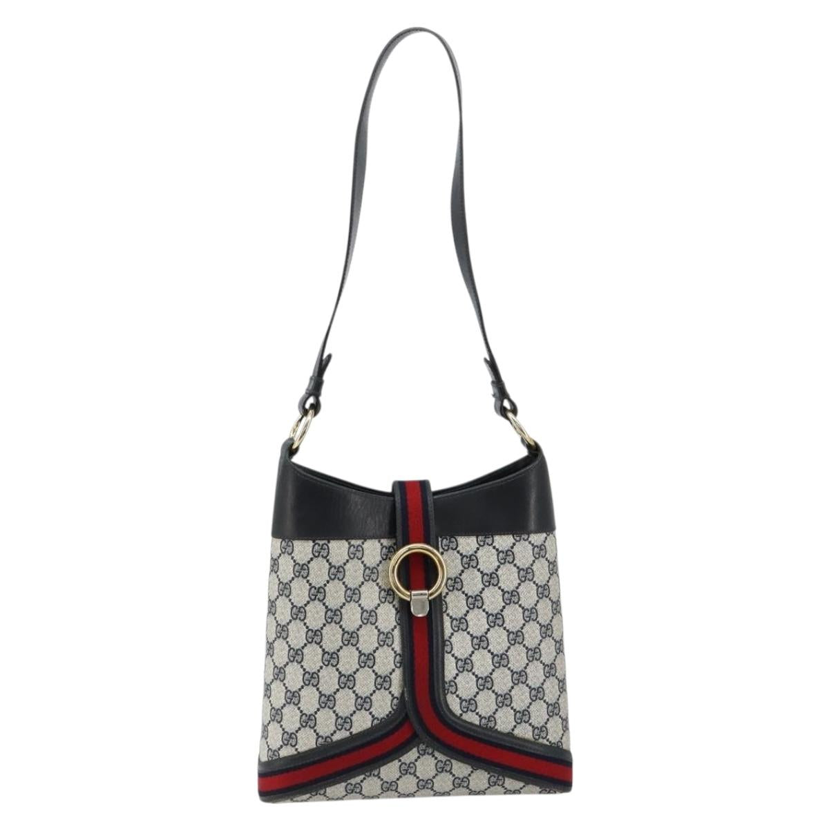 GUCCI GG Supreme Sherry Line Shoulder Bag PVC Navy Gold Auth 182154A