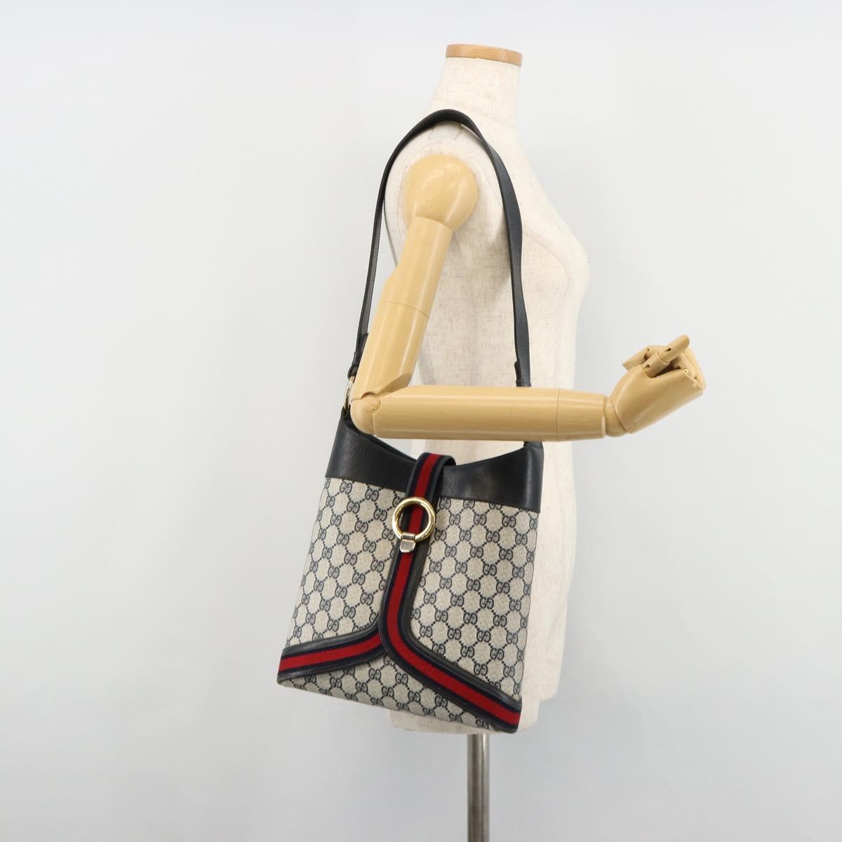 GUCCI GG Supreme Sherry Line Shoulder Bag PVC Navy Gold Auth 182154A