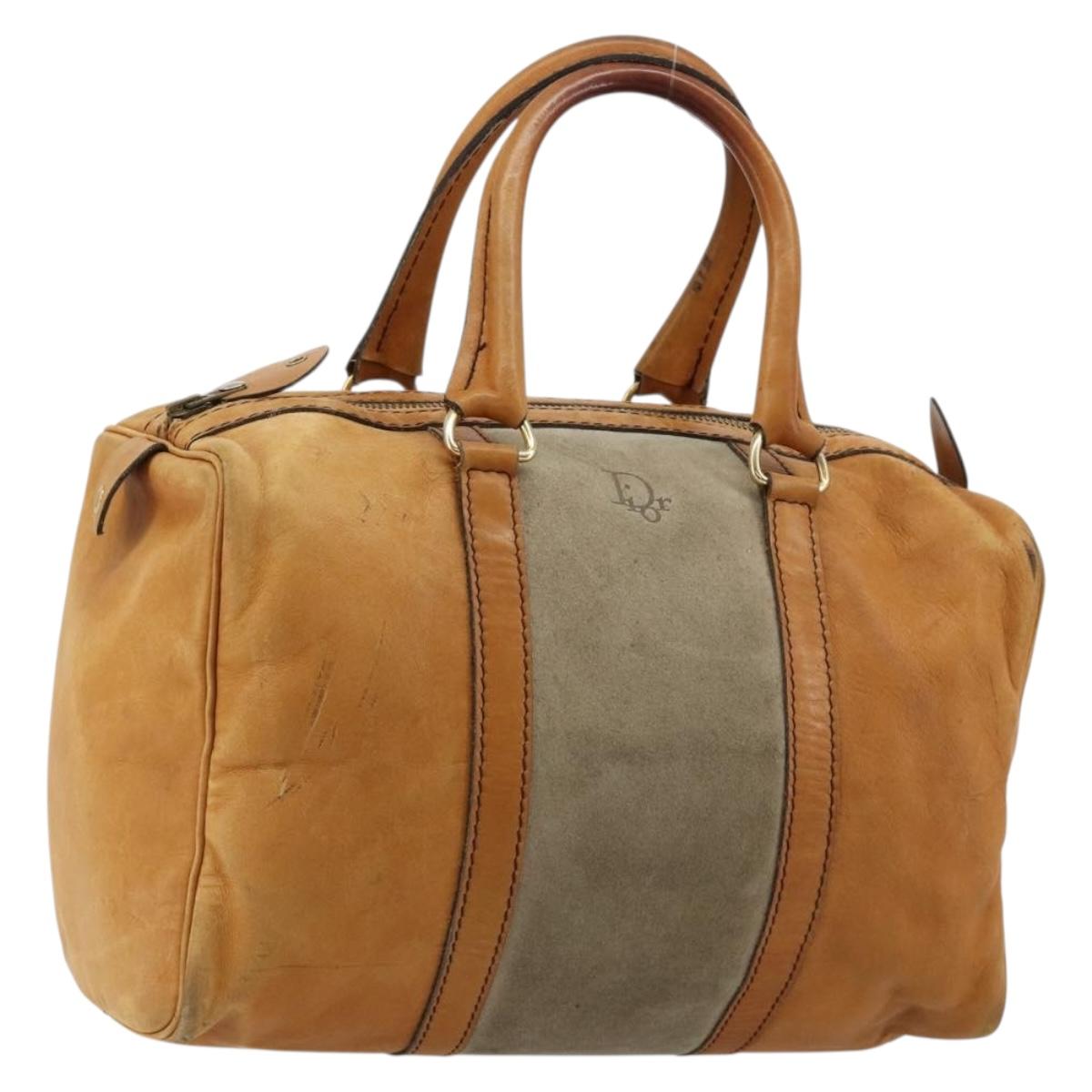 Christian Dior Hand Bag Leather Suede Brown Gold Auth 182155