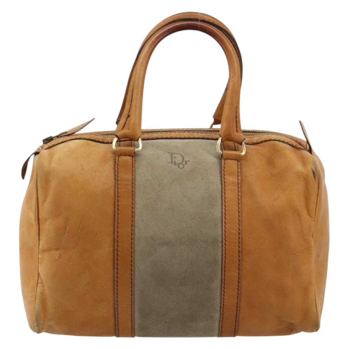 Christian Dior Hand Bag Leather Suede Brown Gold Auth 182155