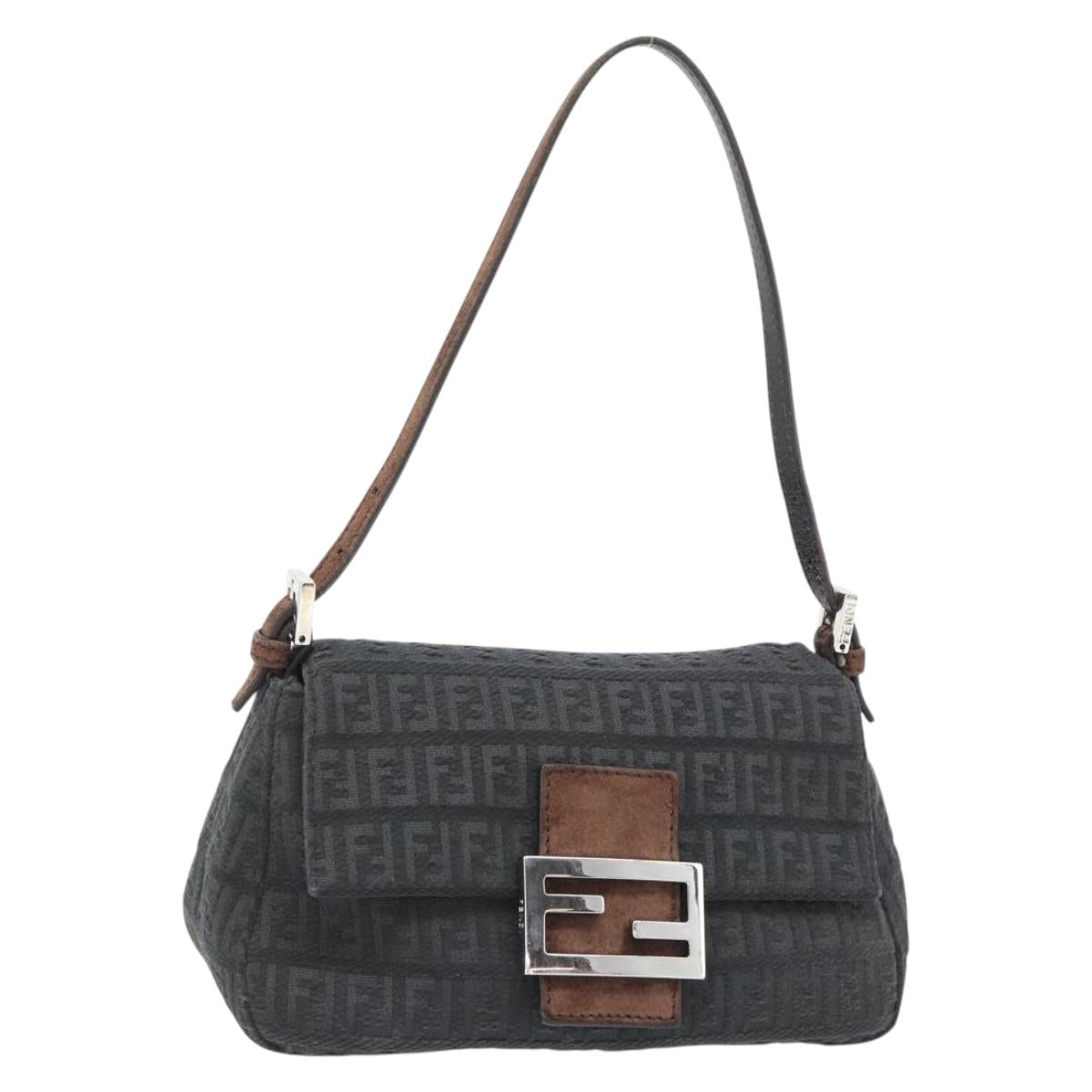 FENDI Zucchino Canvas Mamma Baguette Shoulder Bag Black Silver Auth 182159