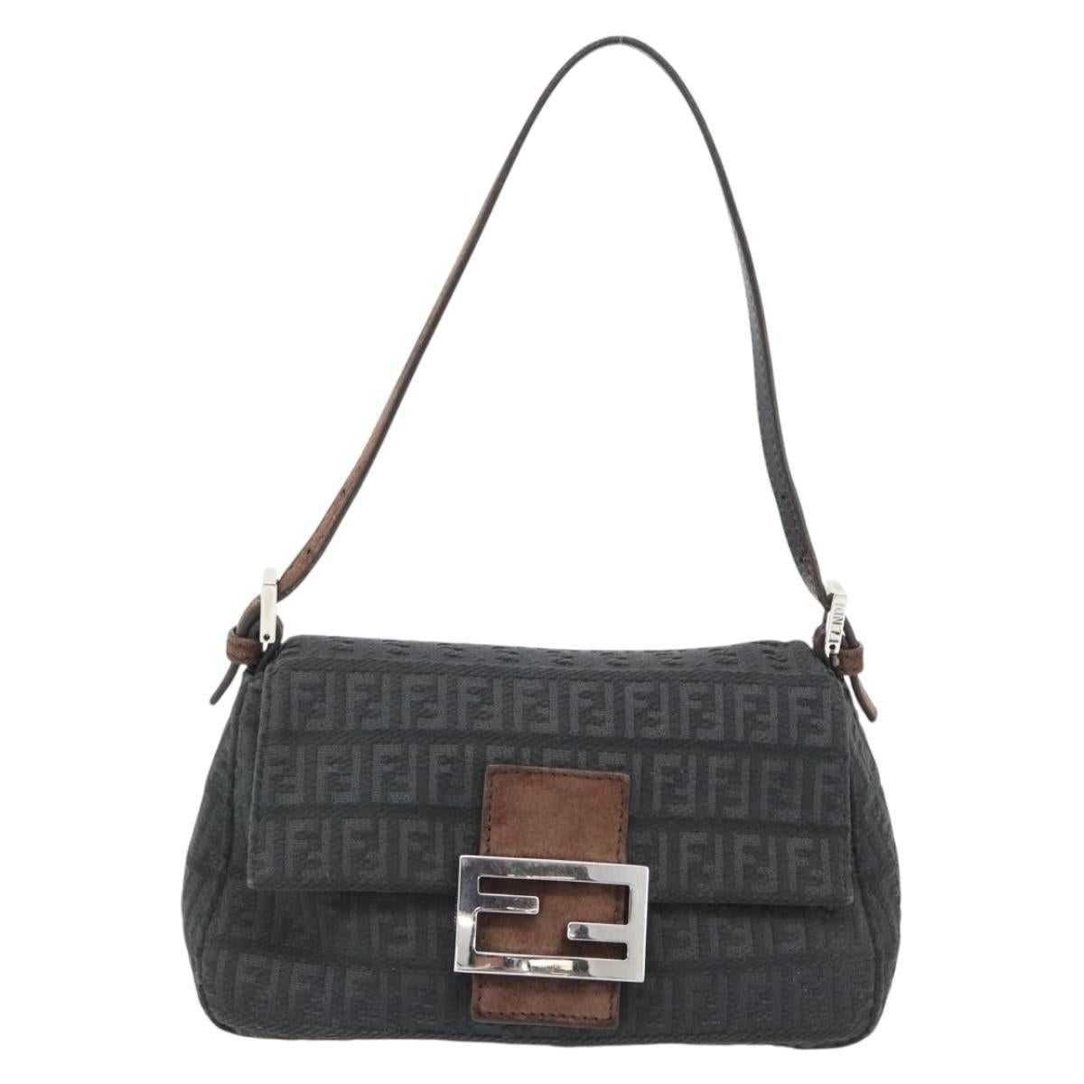 FENDI Zucchino Canvas Mamma Baguette Shoulder Bag Black Silver Auth 182159