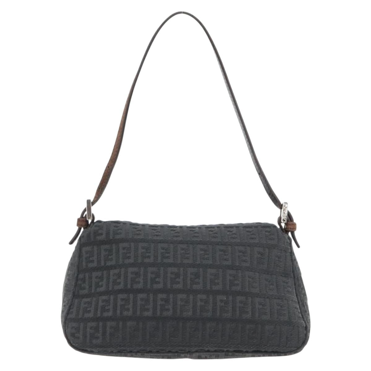 FENDI Zucchino Canvas Mamma Baguette Shoulder Bag Black Silver Auth 182159