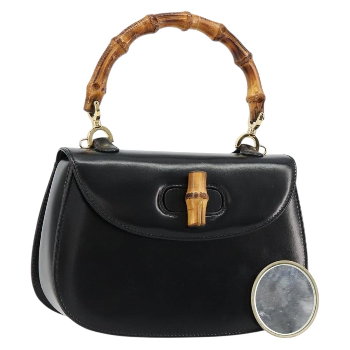 GUCCI Bamboo Hand Bag Leather Black Gold 000 2046 0188 Auth 182167V