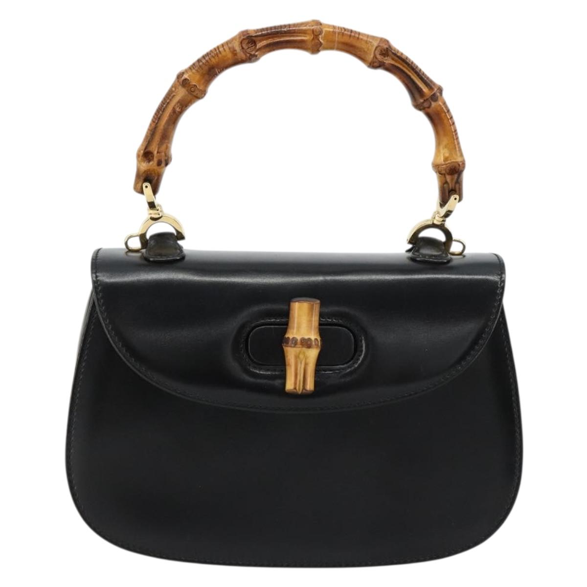 GUCCI Bamboo Hand Bag Leather Black Gold 000 2046 0188 Auth 182167V