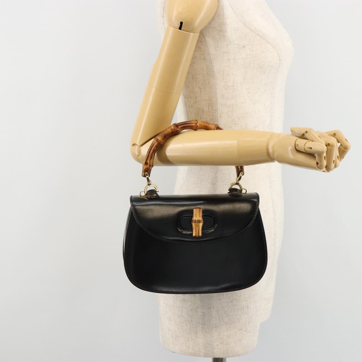 GUCCI Bamboo Hand Bag Leather Black Gold 000 2046 0188 Auth 182167V