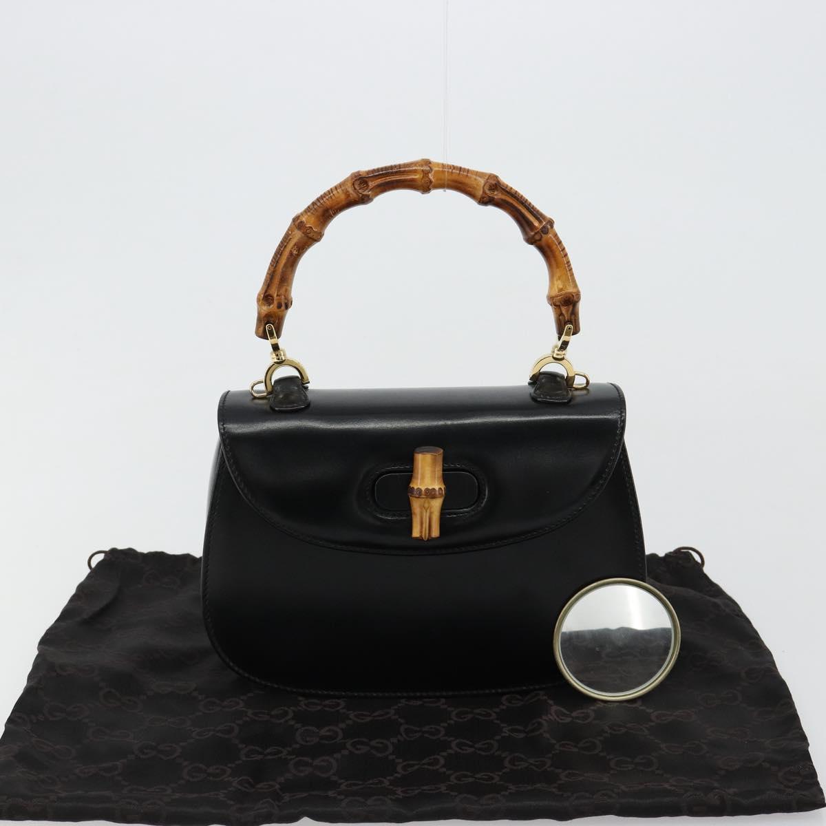 GUCCI Bamboo Hand Bag Leather Black Gold 000 2046 0188 Auth 182167V