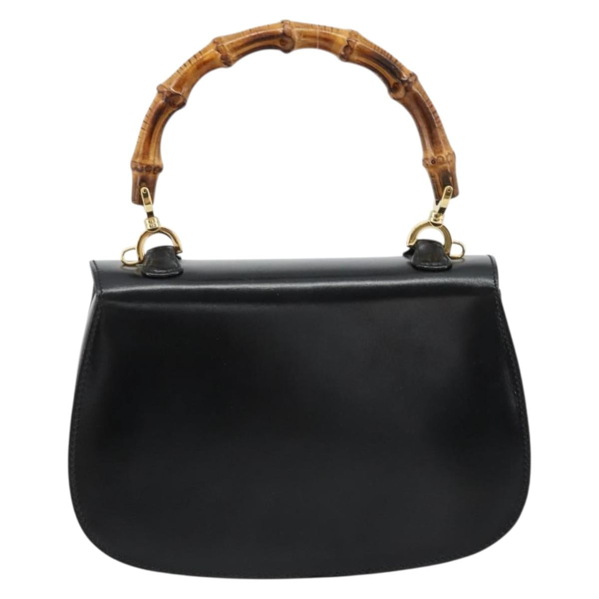 GUCCI Bamboo Hand Bag Leather Black Gold 000 2046 0188 Auth 182167V