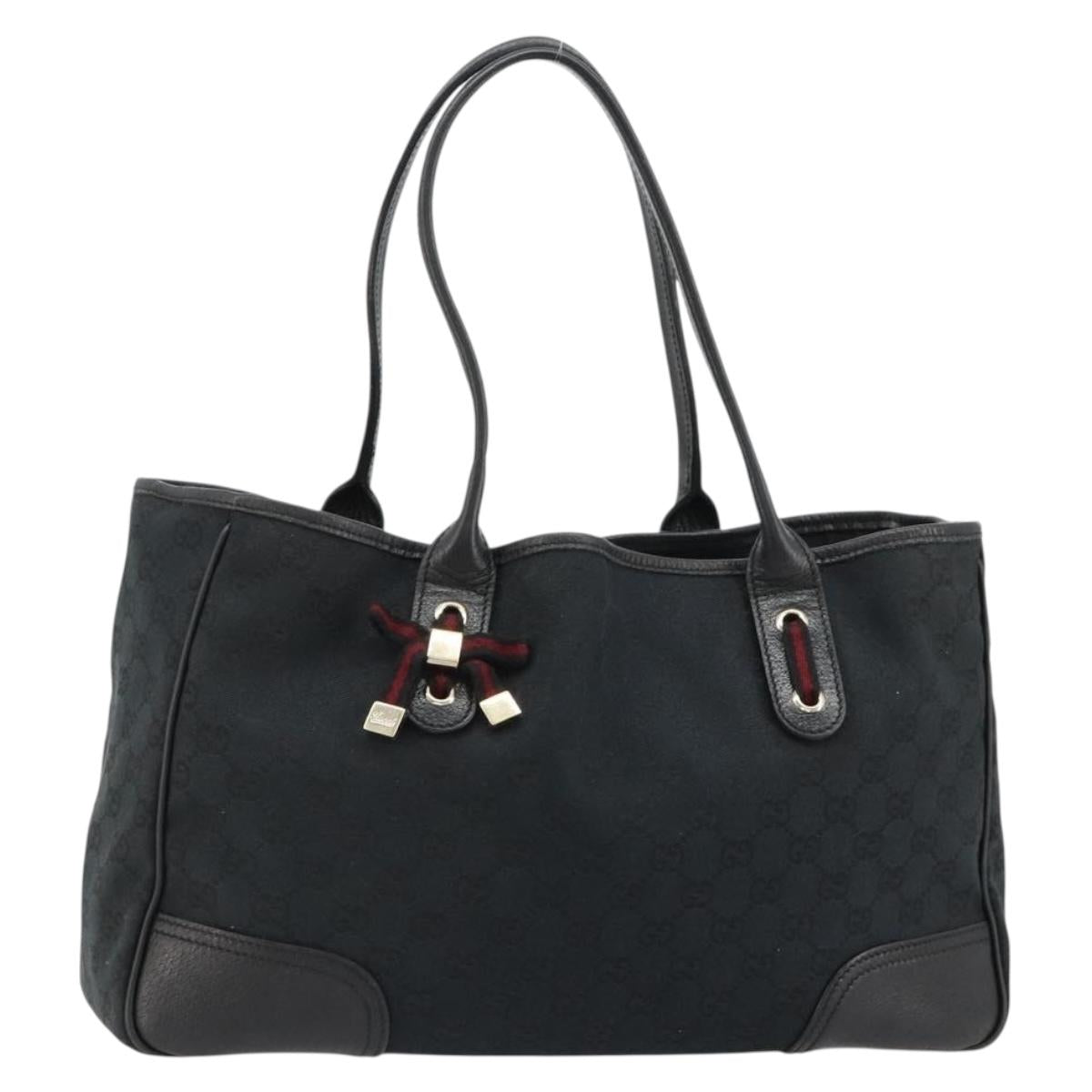 GUCCI GG Canvas Web Sherry Line Pretty Tote Bag Black Gold 163805 Auth 182169A