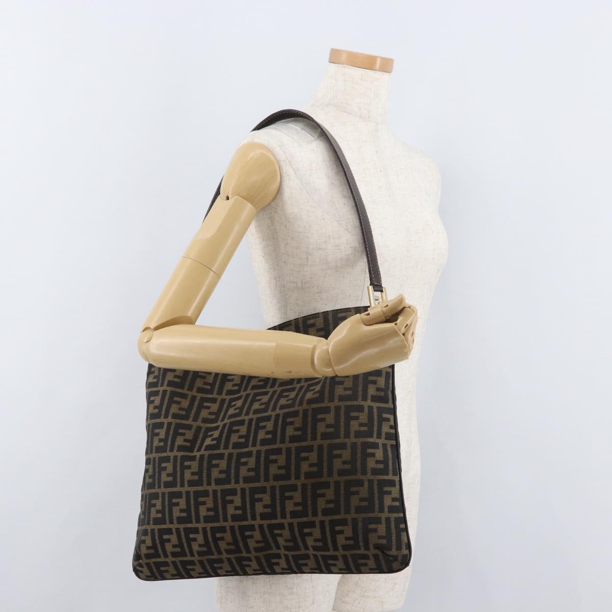 FENDI Zucca Canvas Shoulder Bag Black Brown Auth 182178V