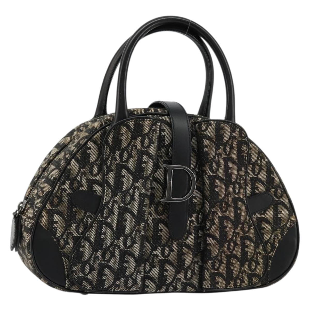 Christian Dior Trotter Canvas Double Saddle Hand Bag Black Silver Auth 182186