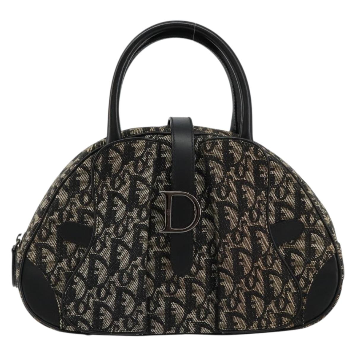 Christian Dior Trotter Canvas Double Saddle Hand Bag Black Silver Auth 182186