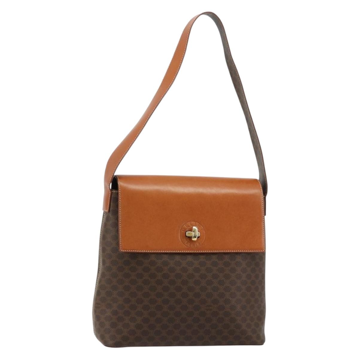 CELINE Macadam Canvas Shoulder Bag PVC Leather Brown Gold Auth 182190A