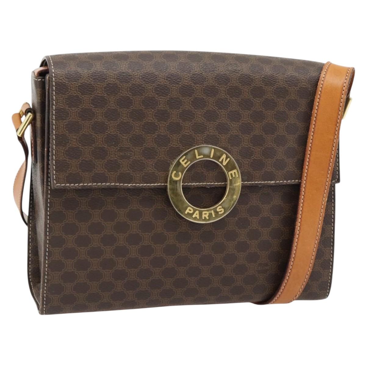 CELINE Macadam Canvas Circle Shoulder Bag PVC Leather Brown Gold Auth 182191A