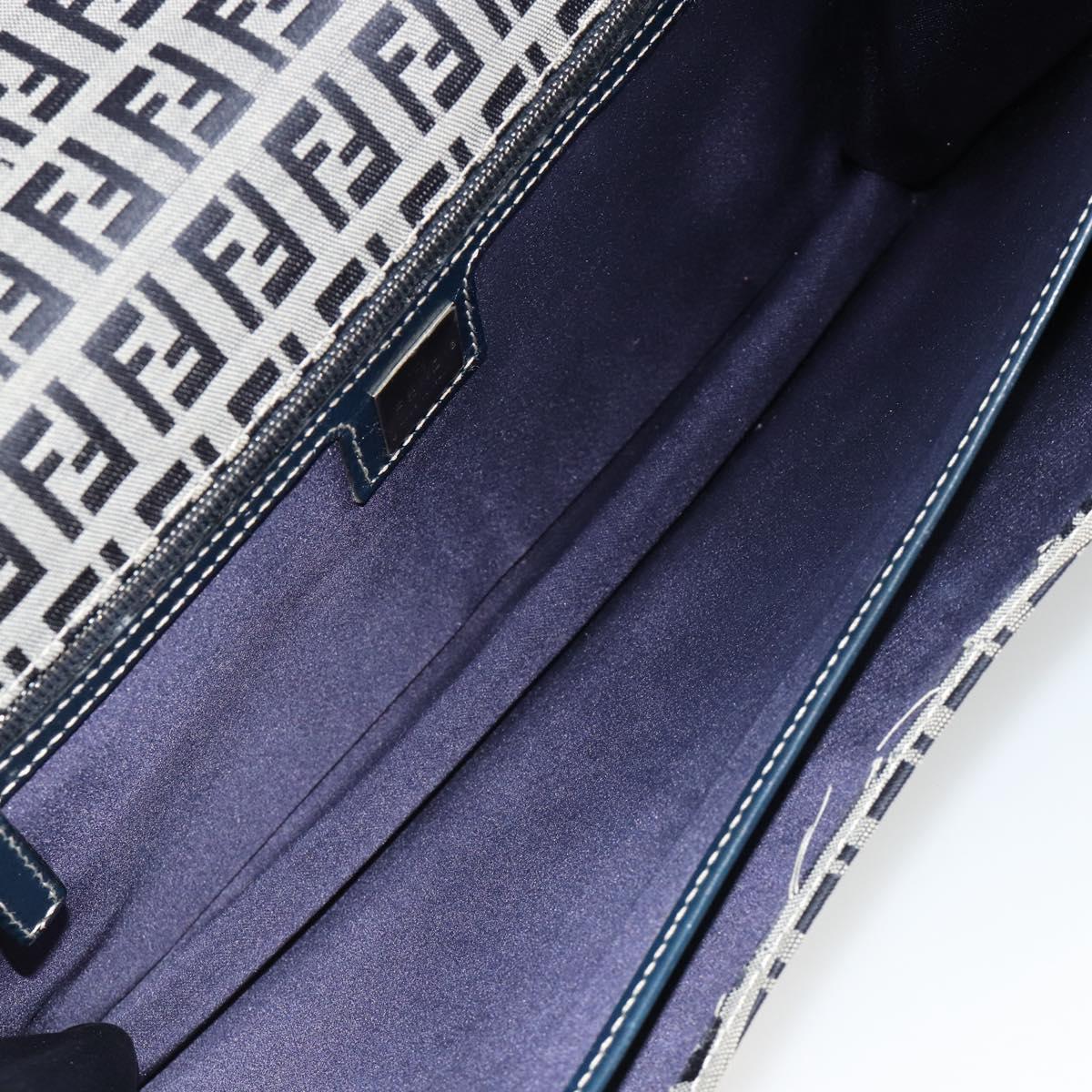 FENDI Zucchino Canvas Shoulder Bag Navy Silver Auth 182201V