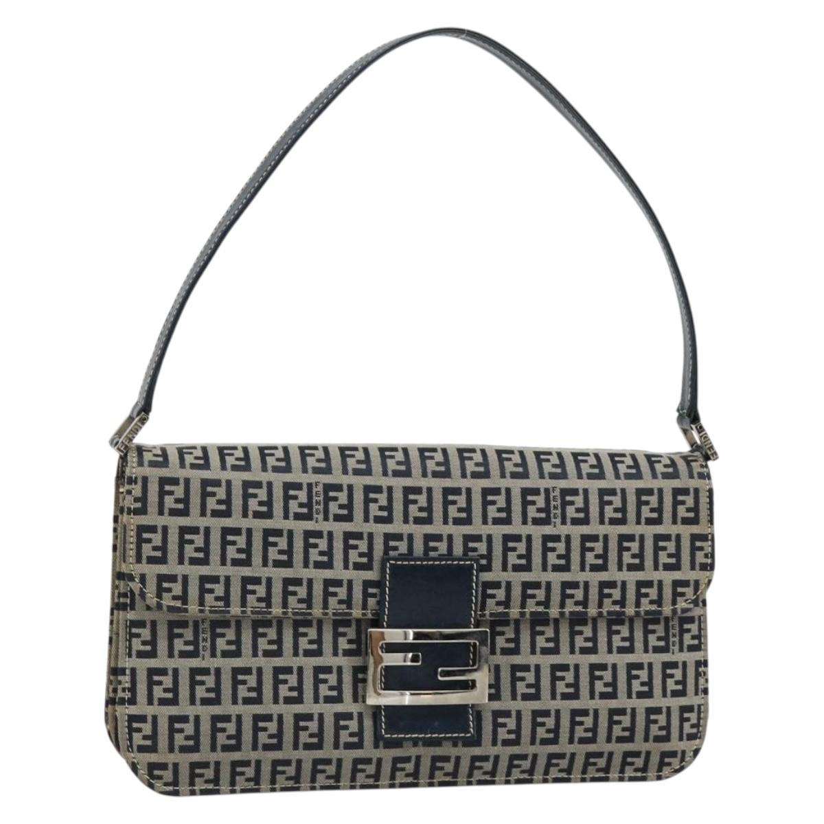FENDI Zucchino Canvas Shoulder Bag Navy Silver Auth 182201V