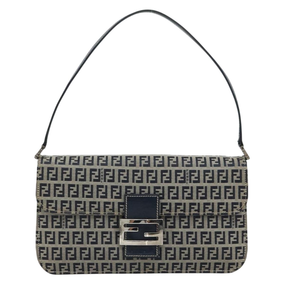 FENDI Zucchino Canvas Shoulder Bag Navy Silver Auth 182201V
