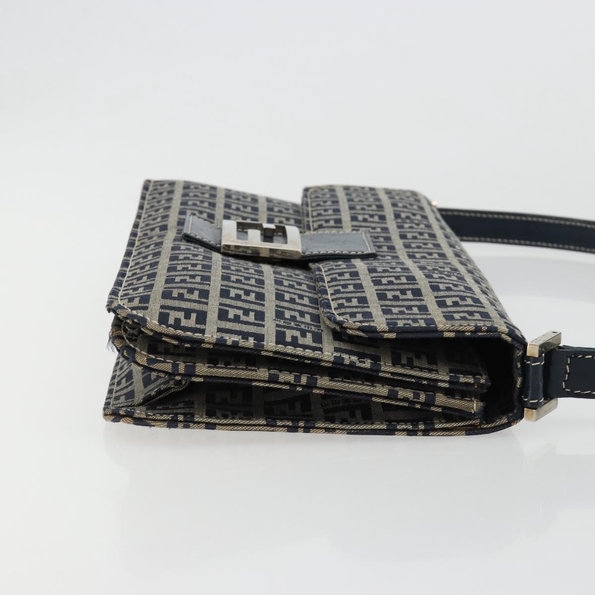 FENDI Zucchino Canvas Shoulder Bag Navy Silver Auth 182201V