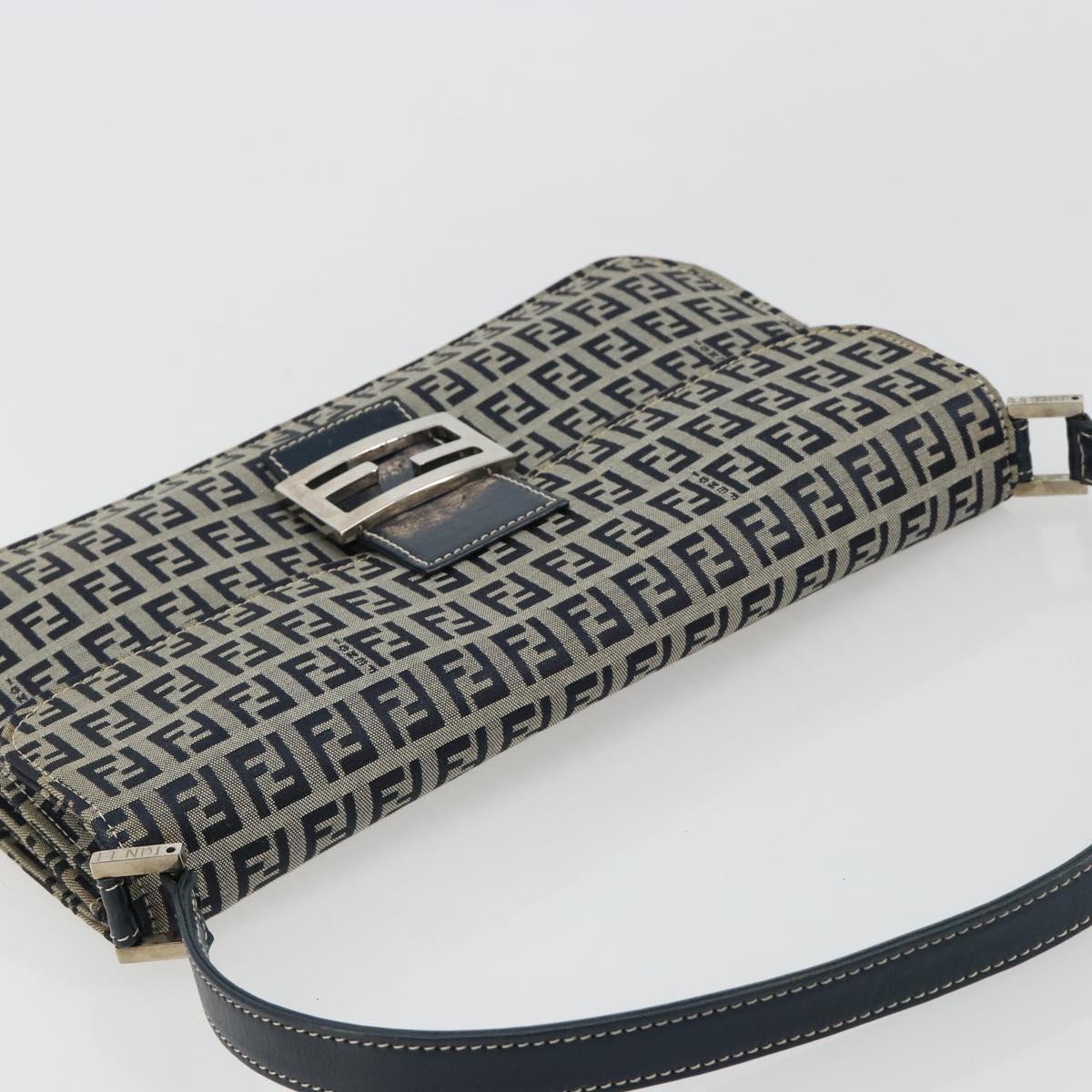 FENDI Zucchino Canvas Shoulder Bag Navy Silver Auth 182201V