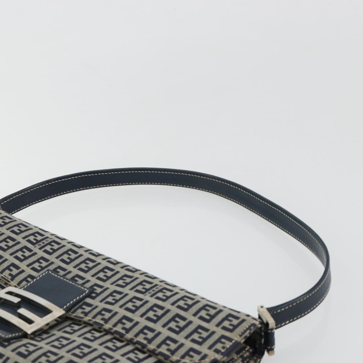 FENDI Zucchino Canvas Shoulder Bag Navy Silver Auth 182201V