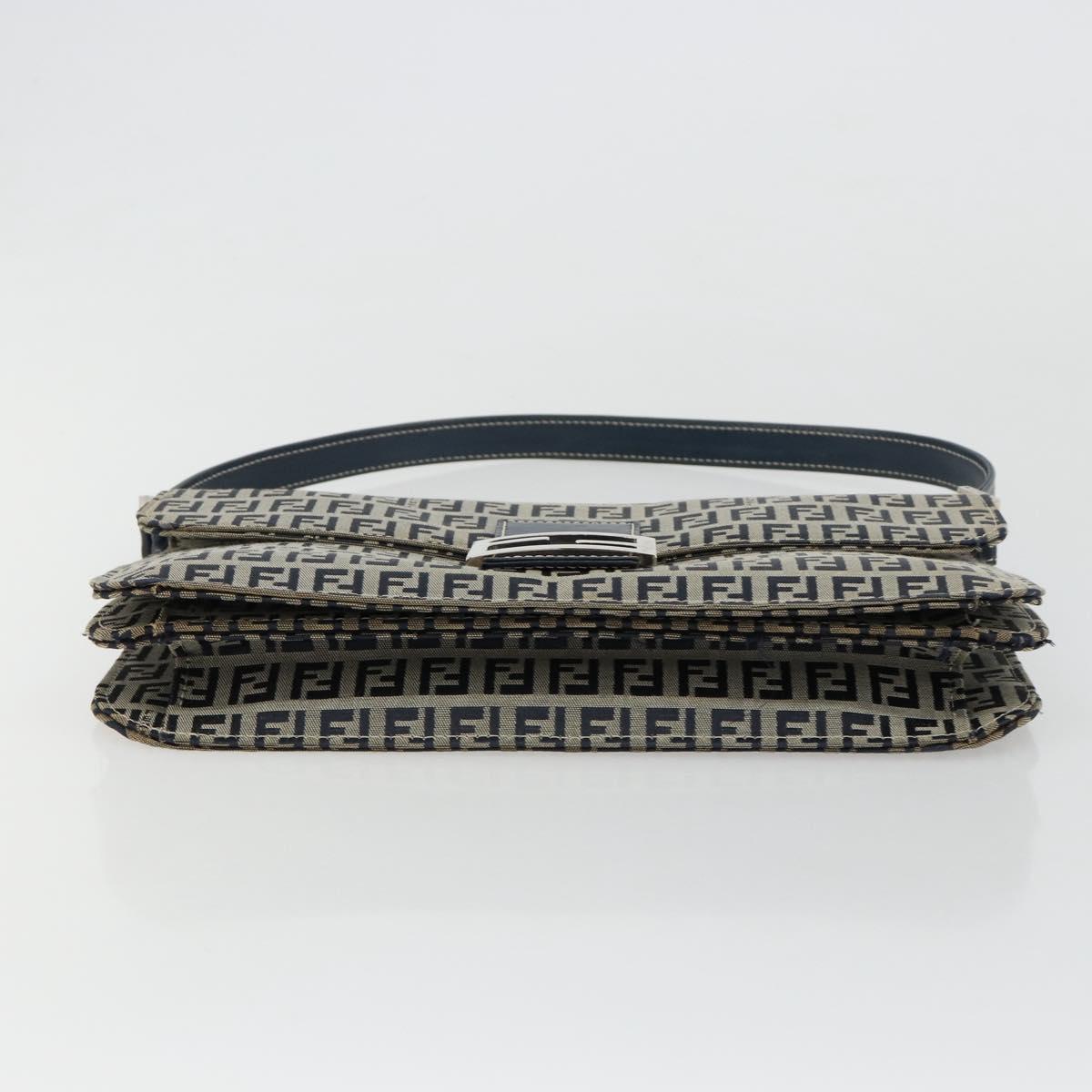 FENDI Zucchino Canvas Shoulder Bag Navy Silver Auth 182201V