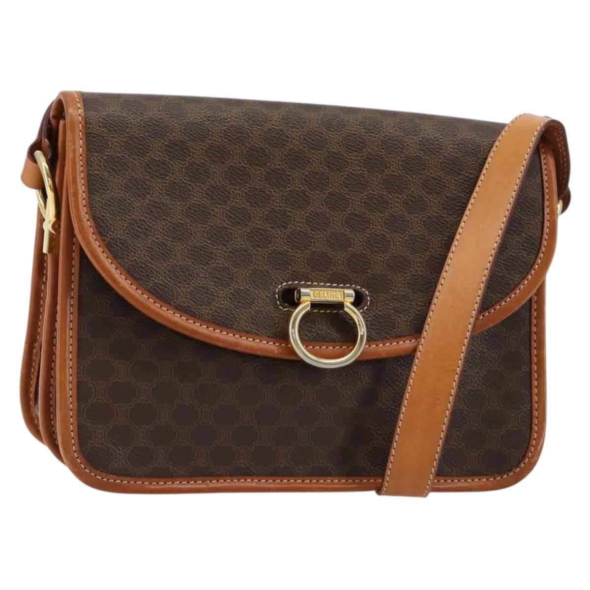 CELINE Macadam Canvas Shoulder Bag PVC Leather Brown Gold Auth 182202A