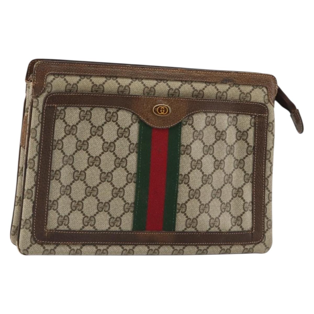 GUCCI GG Supreme Web Sherry Line Clutch Bag PVC Beige Gold Auth 182207
